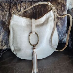 Lucky Brand Cream Colored  Leather With Brass Ring/Tassel Crossbody Bag